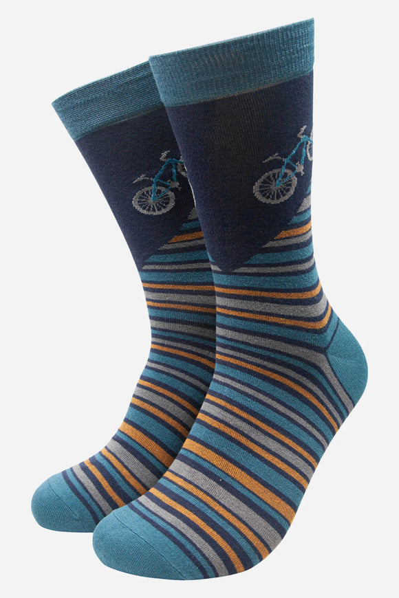 Mens Socks | Teal Men's Mountain Bike & Stripe Print Bamboo Socks