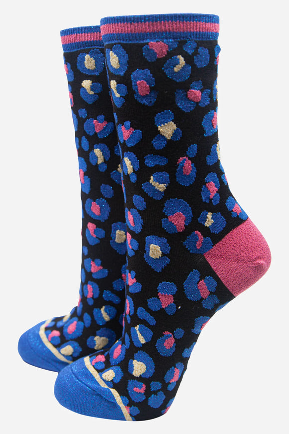 Ladies Socks | Women's Bamboo Leopard Print Ankle Socks Animal Print - Royal Blue