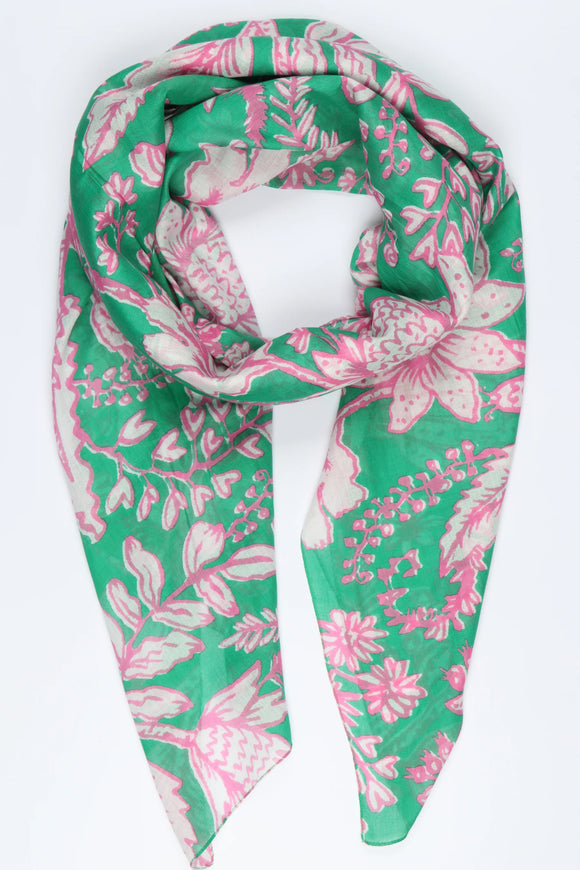 Ladies Scarf | Delicate Floral Print Cotton Scarf - Green/Pink