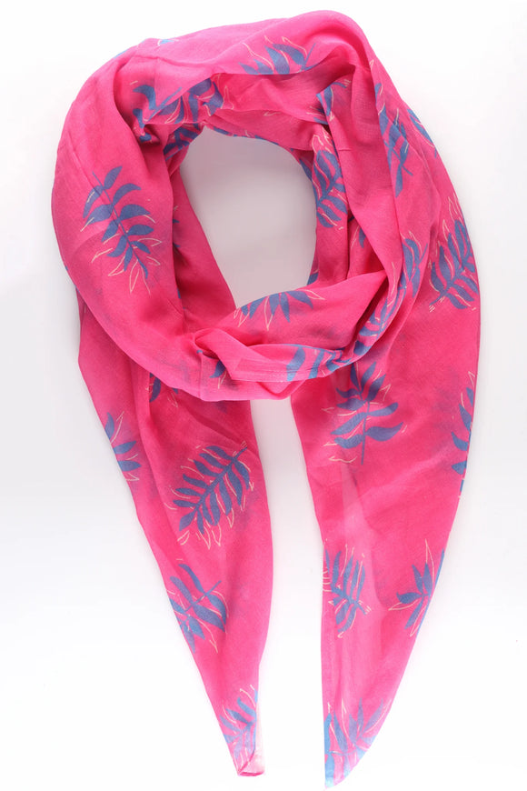 Ladies Scarf | Cotton Tropical Palm Leaf Print Scarf - Hot Pink