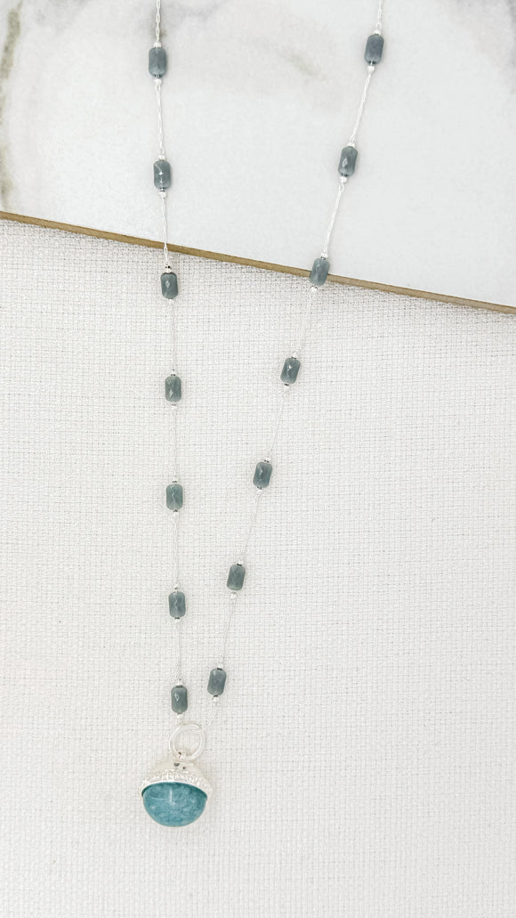 Envy Jewellery | Silver and grey Beaded long necklace with grey Pendant