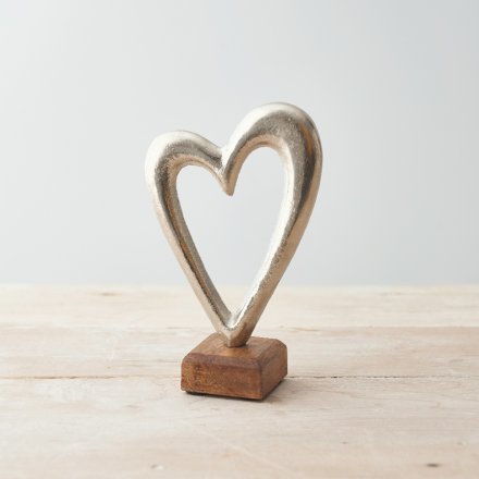 Decorative Heart | Silver Metal Heart With Wooden Base