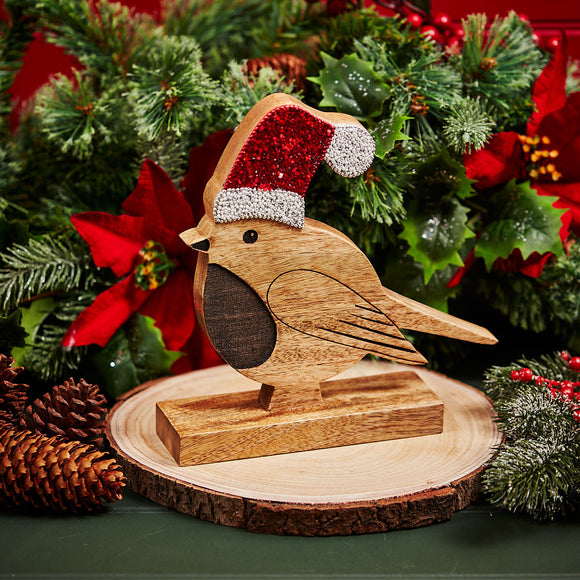 Christmas Decoration | Mango Wood Robin With Sparkly Hat