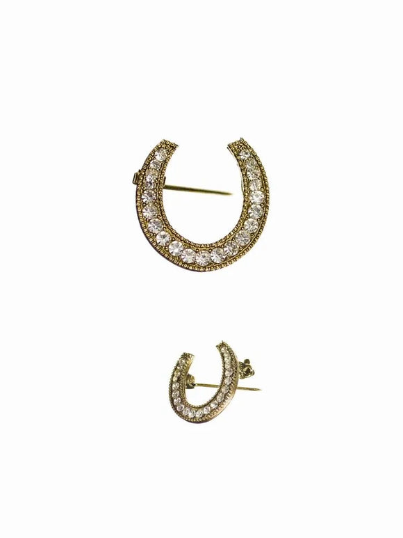 Hot Tomato | Lucky Horseshoe Brooch - Antique Gold/Clear