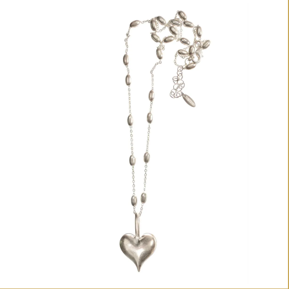 Hot Tomato | Long Classic Heart Necklace in worn silver