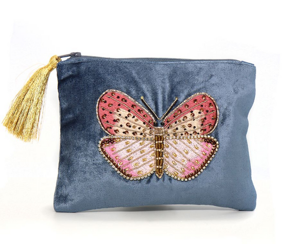 POM | Blue Grey Velvet Butterfly Embroidered and Beaded Purse